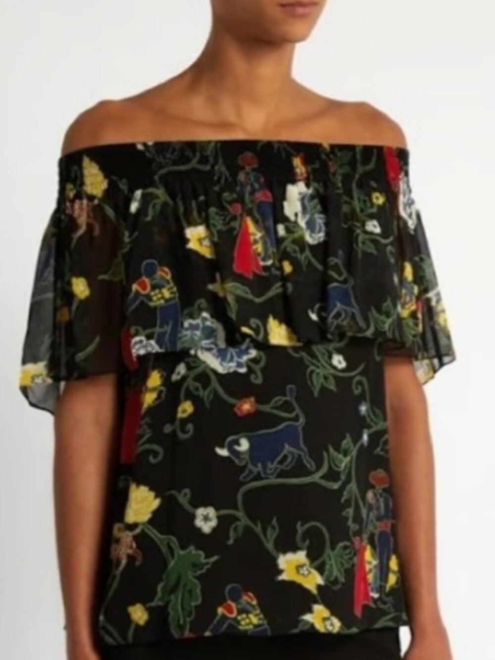 NWOT Tibi Seville Printed Off-the-Shoulder Silk Ruffle Top XS $395